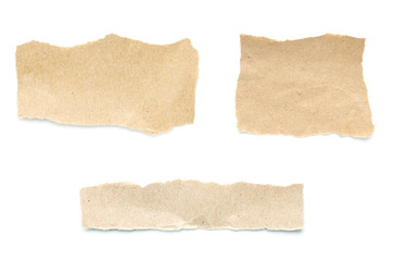 Recycled paper craft stick on a white background. Brown paper torn or ripped pieces of paper isolated on white background.