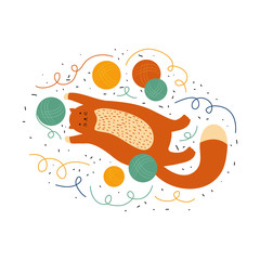 Cute red fat cat playing with balls of thread. Funny kitten is lying on its back among the tangled threads. Pet with balls of yarn. Hand drawn Scandinavian vector illustration. Animal is playing.