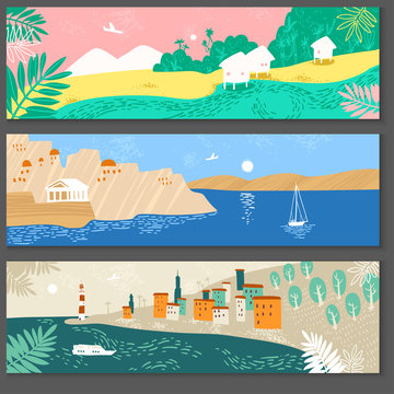 Collection of horizontal lanscape illustrations with sea resorts.