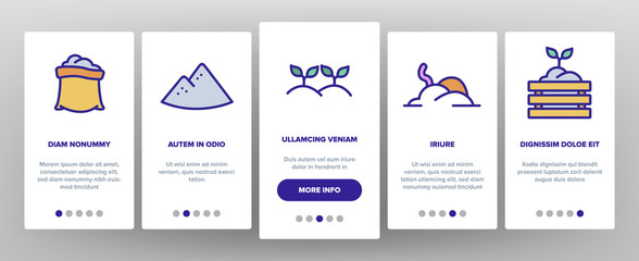 Compost Ground Soil Onboarding Icons Set Vector. Agricultural Organic Compost In Bag And Cart, Growing Plant In Pot And Worm Illustrations