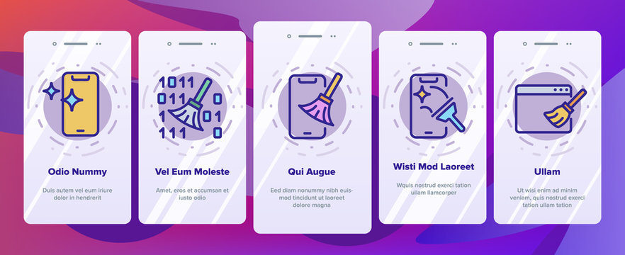 Cleaning Application Onboarding Icons Set Vector. Binary Code And Rocket On Screen, Mechanism Gear And Broom Cleaning App Illustrations