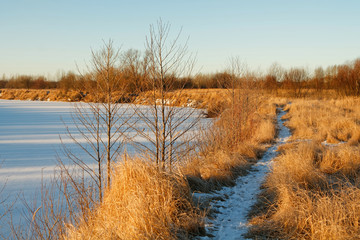 winter road in the field at sunrise