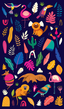 Vector colorful illustration with tropical flowers, leaves, monkey, flamingo and birds. Brazil tropical pattern. Rio de janeiro pattern,. © moleskostudio