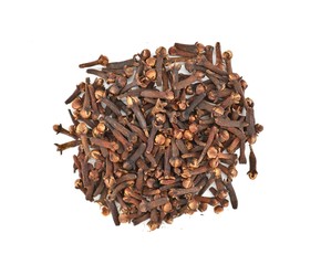 Heap of  whole dry cloves on white background.  Top view.