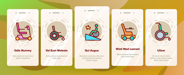 Wheelchair For Invalid Onboarding Icons Set Vector. Manual And Electric Wheelchair For Handicapped, Ramp And Lift For Wheel Chair Illustrations