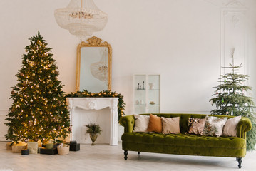 Living room with a Christmas decor. Holiday background. New Year