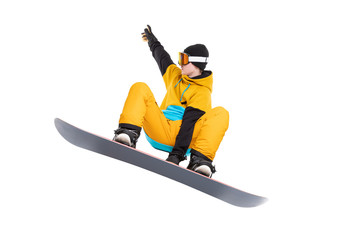 Portrait young man snowboarder jump on snowboard in sportswear isolated white background