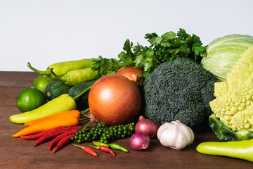 Various kinds of fresh vegetable on white background with copy space for text