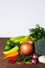 Various kinds of fresh vegetable on white background with copy space for text