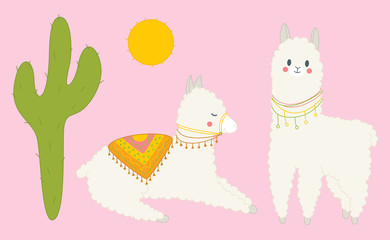 Cute standing and lying lamas and a cactus on the pink background. Vector illustration in cartoon style