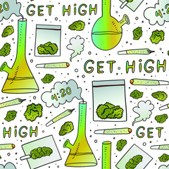 Vector cartoon seamless pattern with cannabis equipment and weed quotes. 