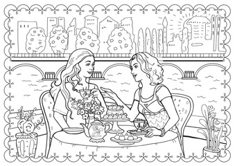Two girls, girlfriends sit at the table, friendly talk. Coloring book for adults