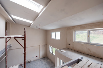 interior of construction site with scaffolding