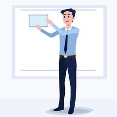 Business men Office cartoon characters. Standing persons. Business People at morning meeting. Illustration vector of discussion and talk, Board background.