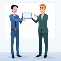 Business men Office cartoon characters. Standing persons. Business People at morning meeting. Illustration vector of discussion and talk, Board background.