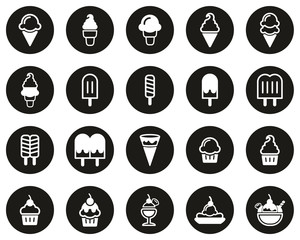 Ice Cream Icons White On Black Flat Design Circle Set Big