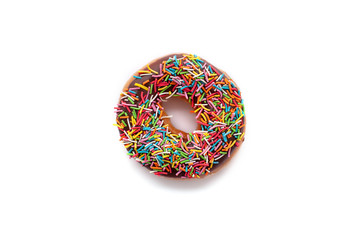 Classic chocolate donut with colorful sprinkles on white isolated background. 