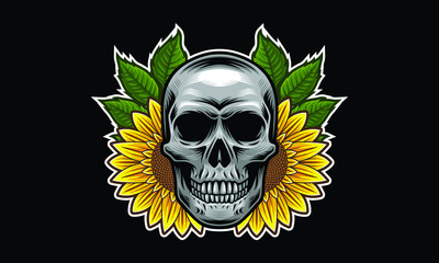 Skull with sunflowers and leaves vector illustration isolated on black background