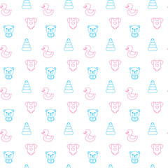 Baby shower seamless pattern with cute toy duck, teddy bear, playsuit, pyramid. Print design for baby goods and clothes