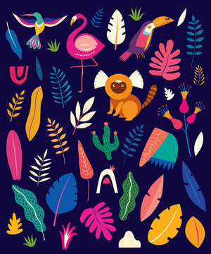 Vector colorful pattern with tropical flowers, leaves, monkey, flamingo and birds. Brazil tropical pattern. Rio de janeiro pattern,. © moleskostudio