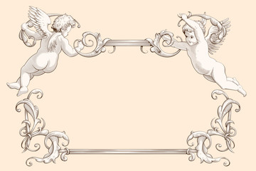 Elegant vintage border frame with cupids for weddings, Valentine`s day and other holidays. Decorative element in the style of vintage engraving with Baroque ornament