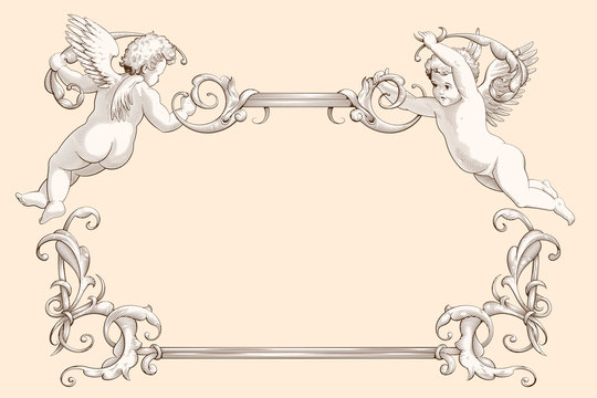 Elegant Vintage Border Frame With Cupids For Weddings, Valentine`s Day And Other Holidays. Decorative Element In The Style Of Vintage Engraving With Baroque Ornament