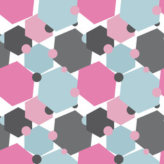 Abstract background from geometric shapes of hexagons in pink, gray and blue-gray colors. Seamless pattern