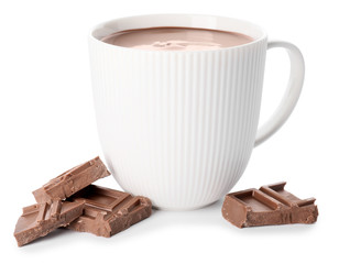 Cup of hot chocolate on white background