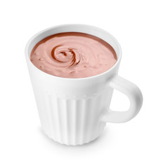 Cup of hot chocolate on white background