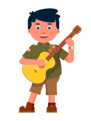 Happy boy scout playing guitar isolated on white