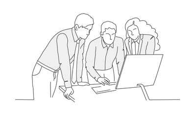 Business people are standing and looking at the computer. Hand drawn vector illustration.