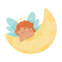 Cute Baby Angel with Gold Nimbus and Wings Sleeping on Crescent Vector Illustration