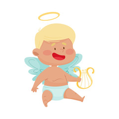 Little Boy Angel with Gold Nimbus and Wings Holding Harp in His Hands Vector Illustration