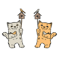 Set of two cats with a birdhouse and birds. Vector illustration in cartoon style. Hand drawn. On white background.