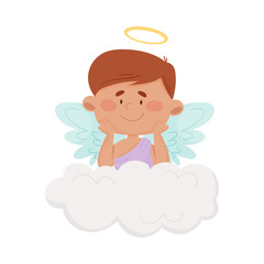 Boy Angel with Gold Nimbus and Wings Sitting on the Cloud Vector Illustration