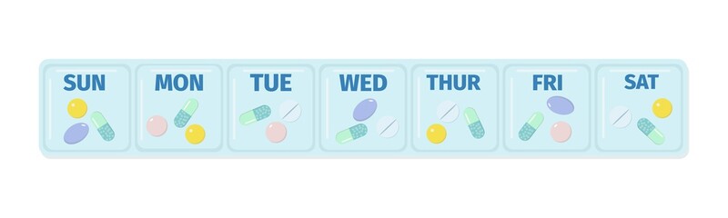 Medicine organizer for pills, capsules concept. Pill box for weekly use. Daily meidicine organizer. Vector illustration. 
