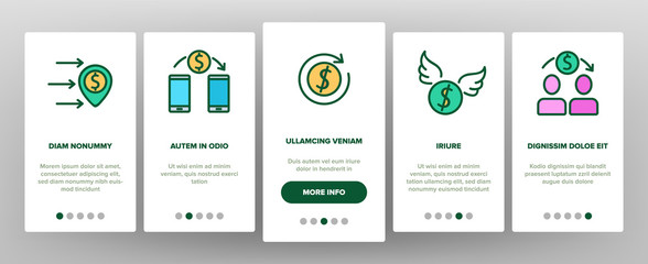Remittance Finance Onboarding Icons Set Vector. International Electronic Remittance, Money Dollar Banknote And Coin, Bank Card And Shield Illustrations