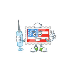 Smiley Nurse independence day stamp cartoon character with a syringe