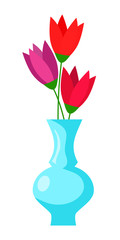 Colorful blooming tulip flower in vase isolated on white background. Decorative room spring flower. Floral bouquet in flowerpot. Plant for house design. Florist shop item. Vector illustration.