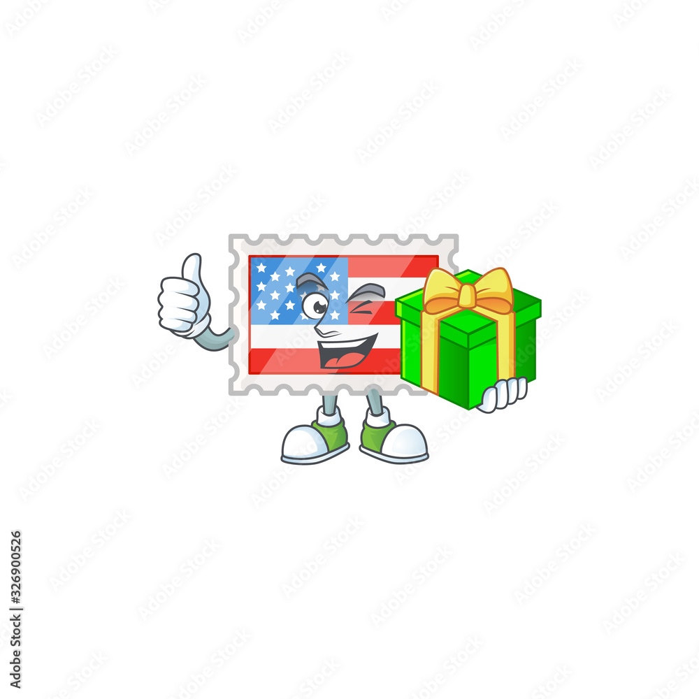 Sticker cute independence day stamp character holding a gift box