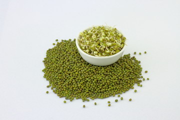 Sprouts mung beans in bowl of heart shape background. High protien.