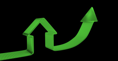 increase property prices concept, house and green arrows on black background