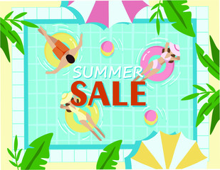 summer sale, a poster for a pool party with an inscription, people swim in the pool