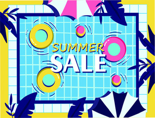 summer sale, a poster for a pool party with an inscription, people swim in the pool