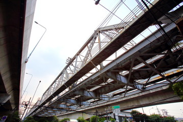 Naklejka premium Structural steel bridge,Rama VI Bridge is a railway bridge over the Chao Phraya River in Bangkok,in Thailand,The form of a bridge in the olden days,often with steel structures.
