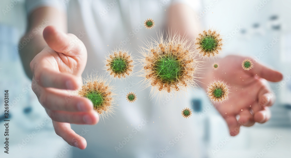 Poster Man analyzing bacteria on microscopic close-up 3D rendering