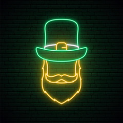 Neon sign of Irishman in green hat and red beard. Happy St. Patricks day. Vector illustration.