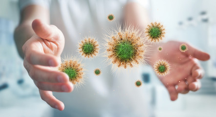 Man analyzing bacteria on microscopic close-up 3D rendering