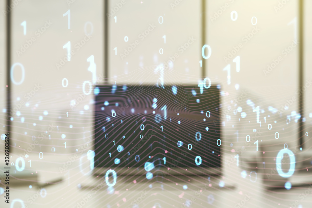 Poster creative concept of binary code illustration on modern laptop background. big data and coding concep