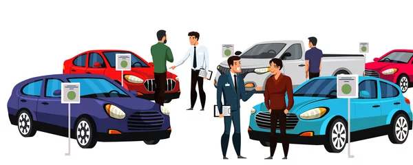 Poster Sellers and potential buyers group in car showroom © backup_studio